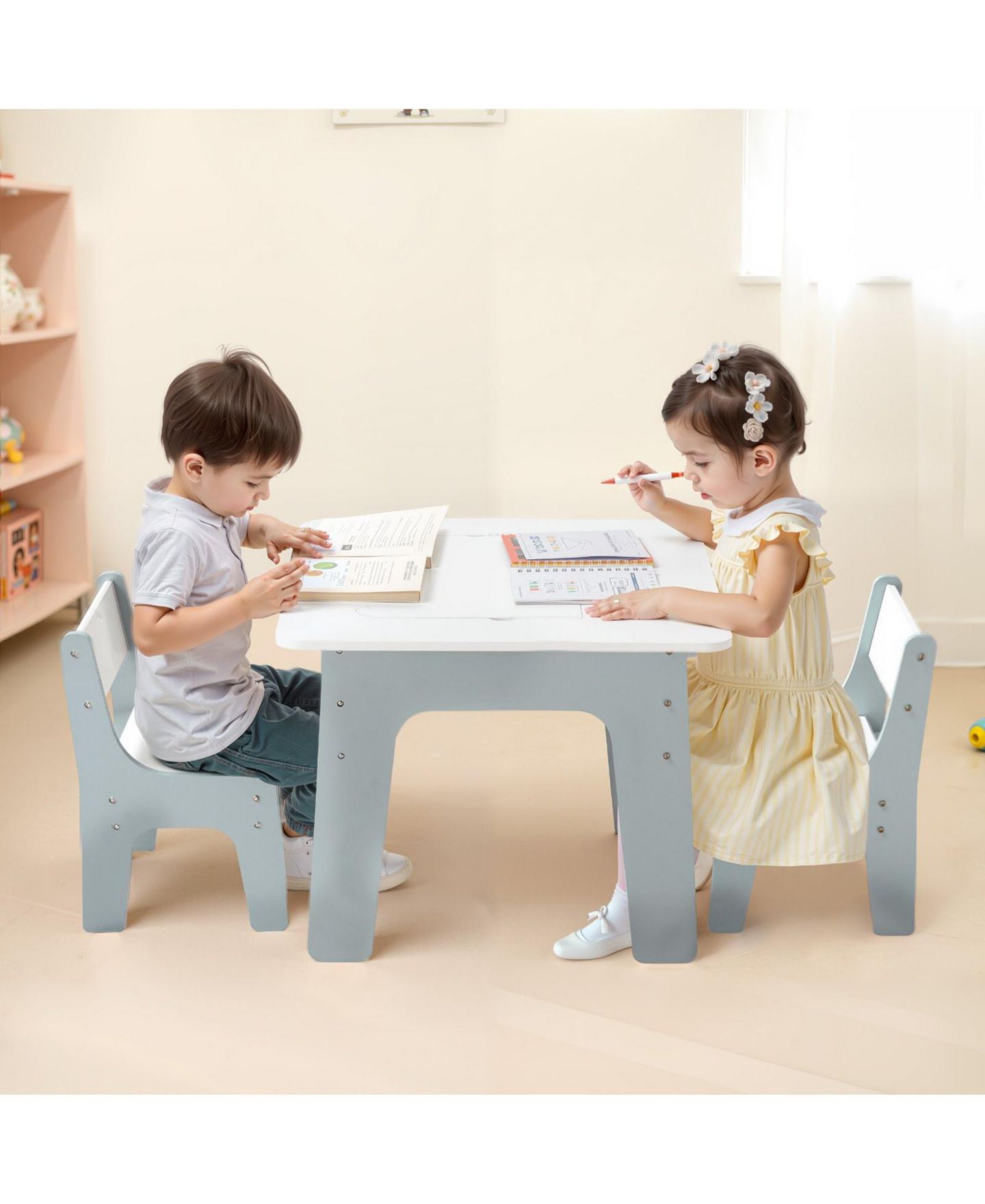 Детские игрушки HONGGE Kids Activity Play Table with Storage and Reversible Desktop, 3-Piece Set, Ages 3+, цвет: Серый — фото 2