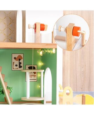 Light-Up Dollhouse for Girls, 3-Story Wooden House with Balcony & Furniture