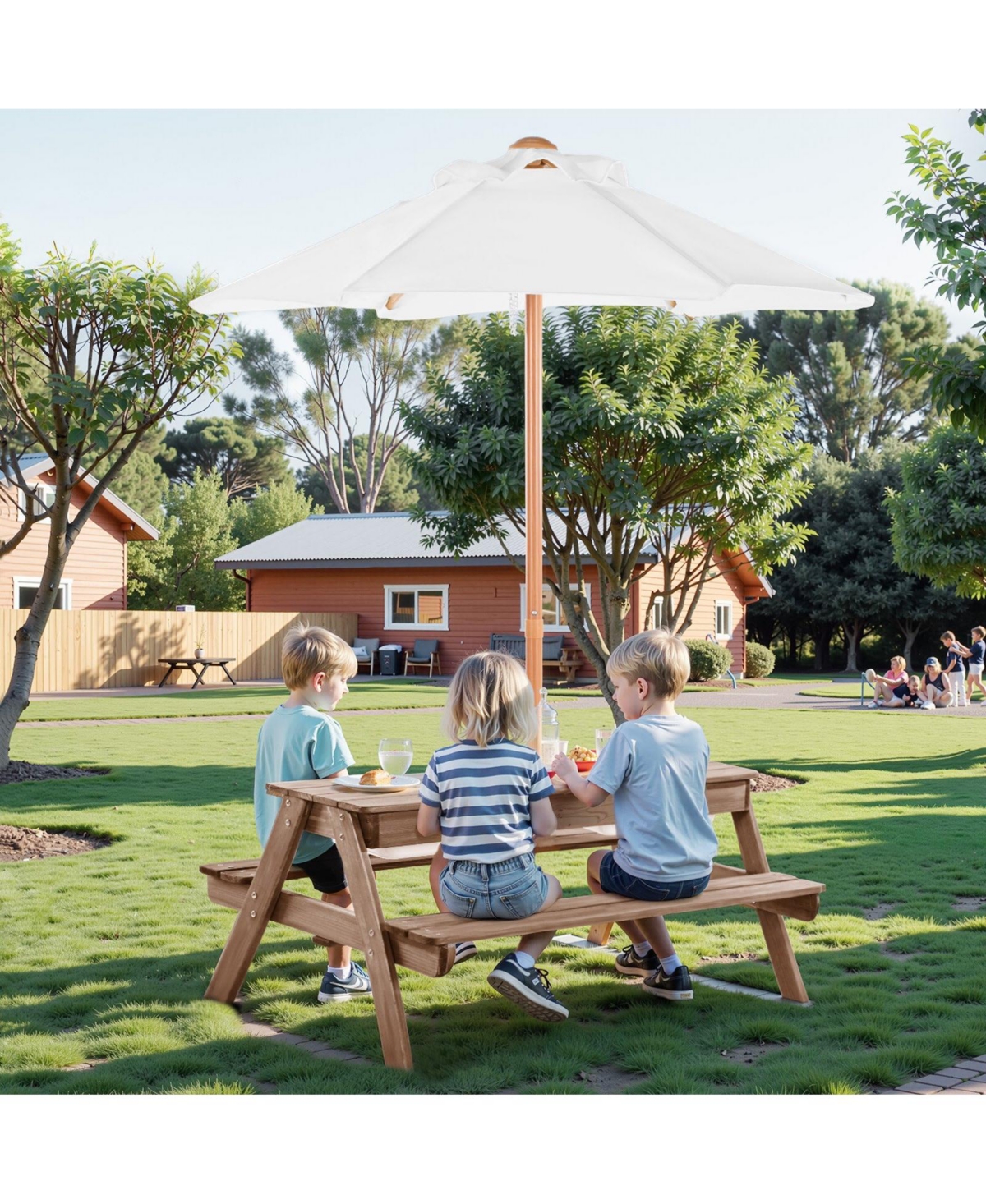 Mecale Kids Picnic Table with Umbrella, 3-in-1 Sand and Water Table, Wooden Table and Bench Set with 2 Trays, Seats 4