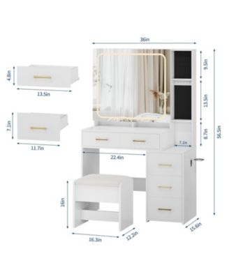 Vanity Desk with Mirror and Lights, Makeup Vanity Set with 5 Drawers, Stool, Power Outlet