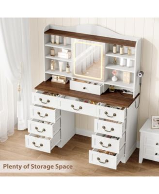 47 Inch Wide 8 Shelves Makeup Vanity Desk and Chair comes Mirror and Lights for Bedrooms, Apartments, Easy to Assemble