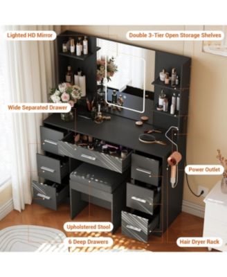 Dresser Set Dresser Mirror - LED Lights and Power Outlet Dresser for Bedrooms, Apartments, Easy to Assemble