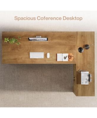 L-Shaped Executive Desk, 78-Inch Office Desk with Storage Cabinet and 2-Tier Shelf, Large Wooden Computer Writing Table