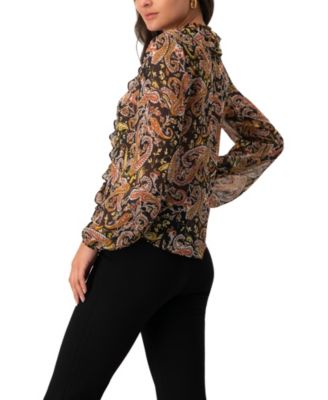 Women's V-Neck Ruffle Trim Printed Blouse