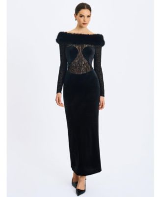 Women's Alexis Black Animal Print Fur Boatneck Maxi Dress