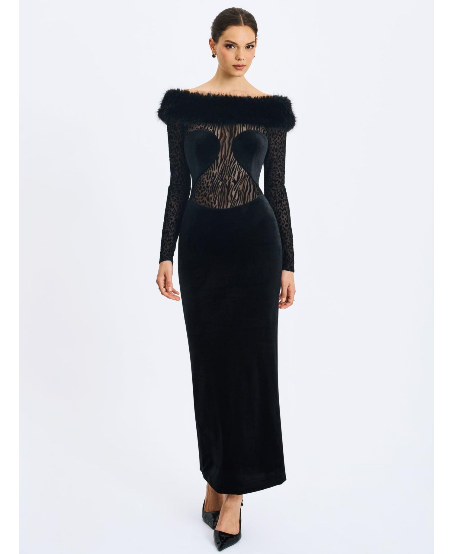 Women's Alexis Black Animal Print Faux Fur Boatneck Maxi Dress