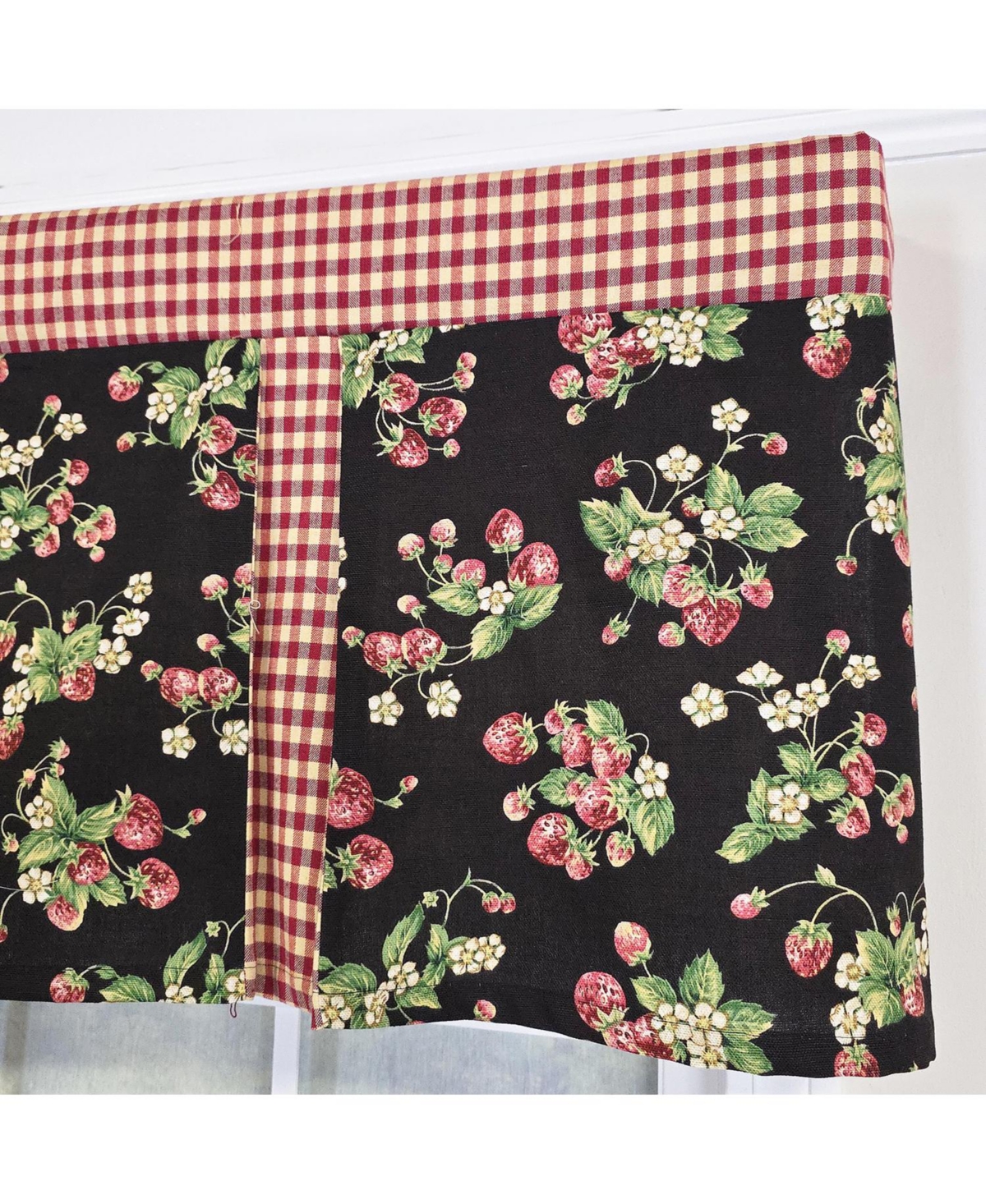 Rlf Home Strawberry Pleated 100% Cotton Rod Pocket Window Valance 50" x 17" Black