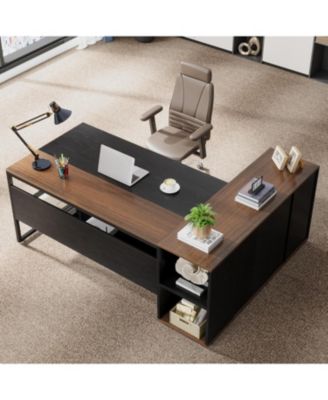 71 inch Executive Desk, L Shaped Desk with Cabinet Storage, Executive Office Desk with Shelves, Business Furniture Workstation