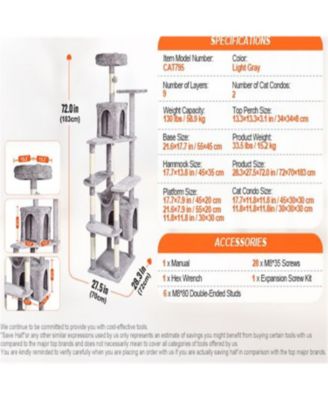 72" Cat Tower with 2 Cat Condos Scratching Post in Light Grey