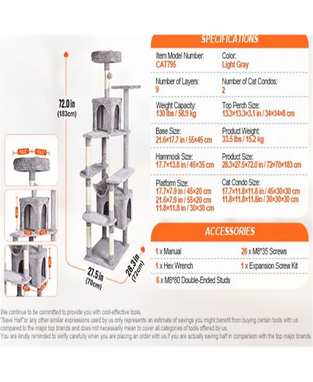Aostirmotor 72" Cat Tower with 2 Cat Condos Scratching Post in Light Grey