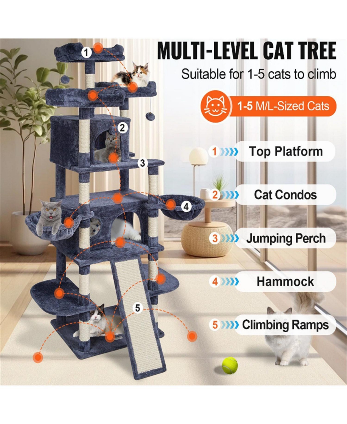 Aostirmotor 68.5" Cat Tower with Cat Condos Scratching Post in Blue