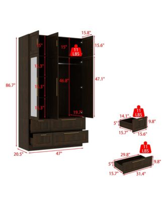 Wardrobe With Top Cabinet And Mirror，Bedroom Closet，Armoire,Brown