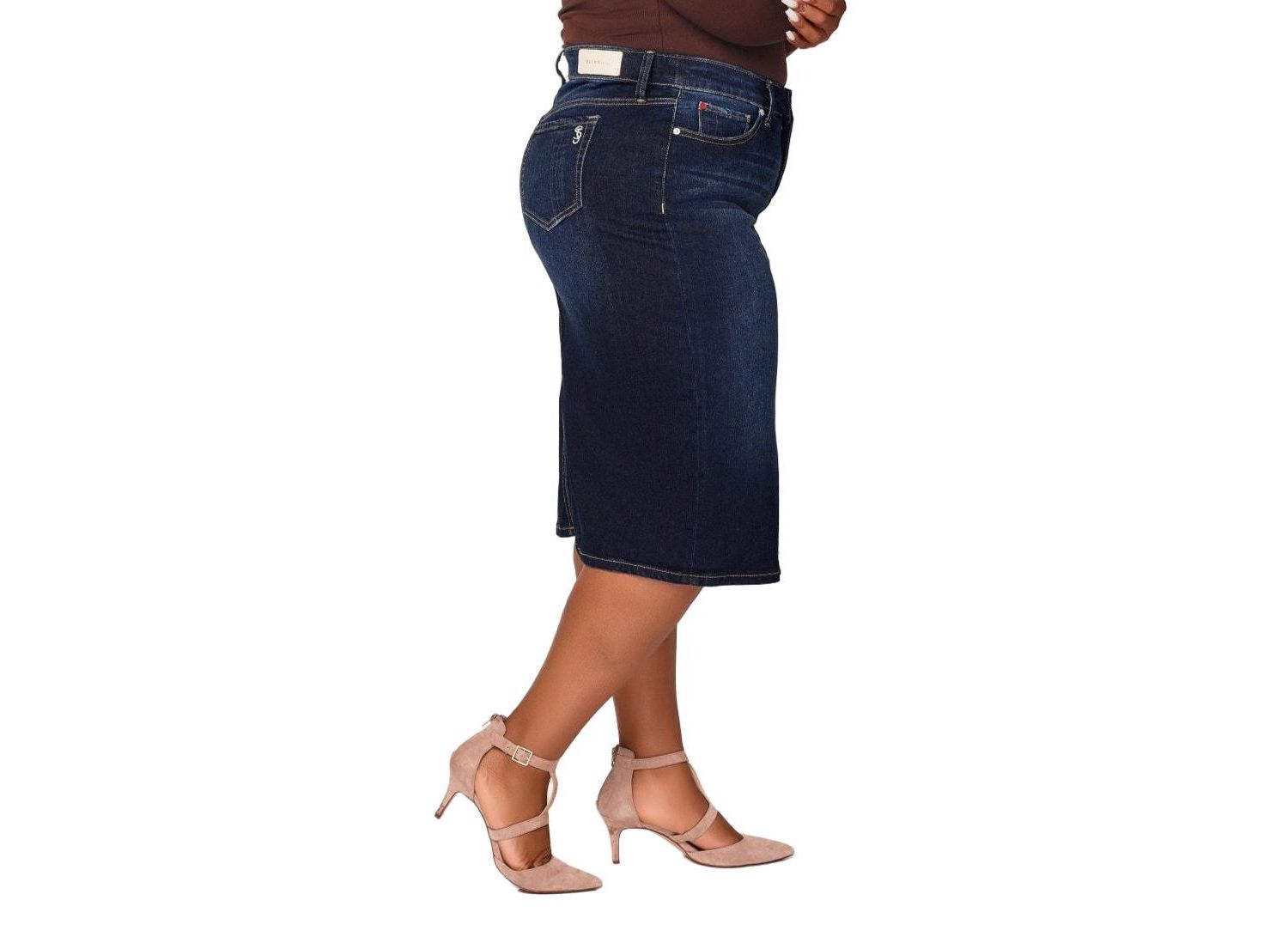 Women's Denim Midi Skirt in 28"length with side vents - Emma