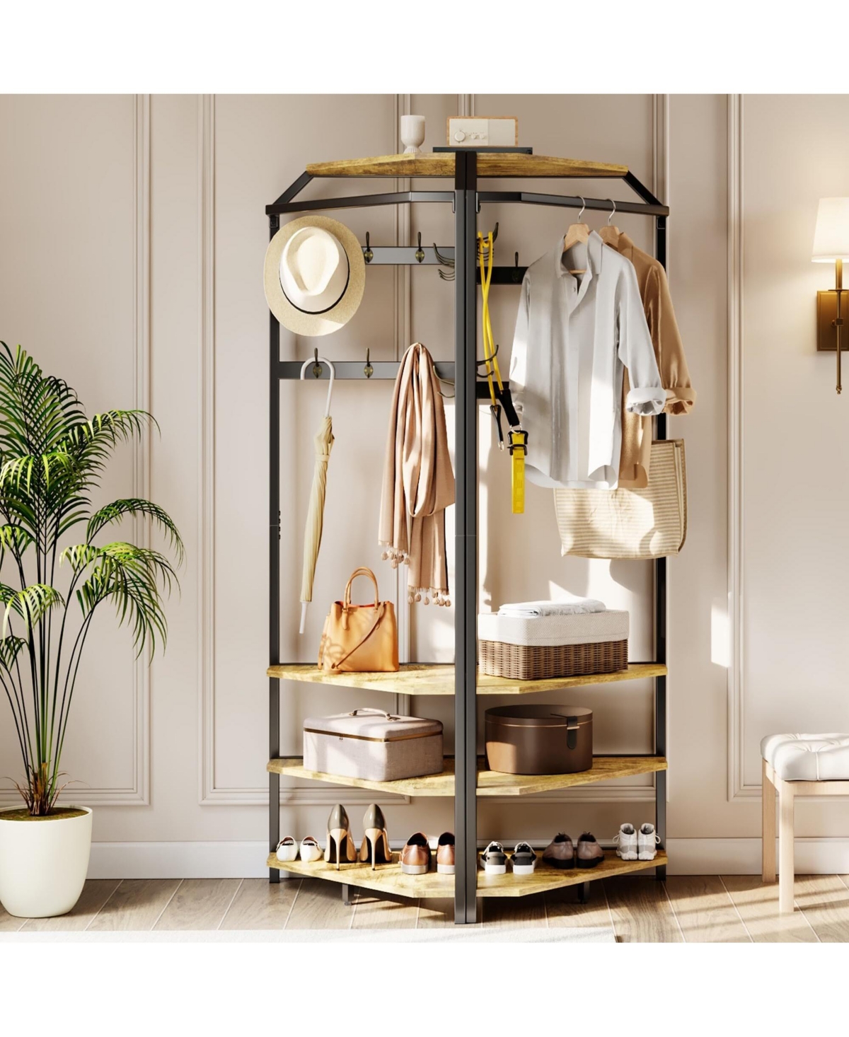gaomon Corner Coat Rack With Shoe Bench and 6 Double Hooks, Hall Tree - Clothes Storage Organizer Shelf