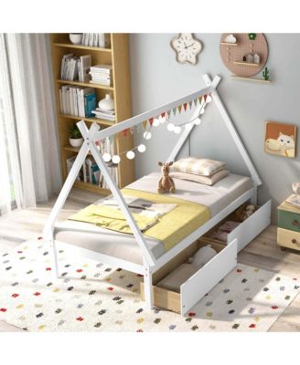 Twin Size Wooden House Bed with 2 Drawers Roof Storage for Boys & Girls