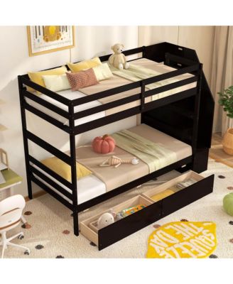 Twin Over Twin Bunk Bed with Storage Stairs & Drawers Full-length Guardrails