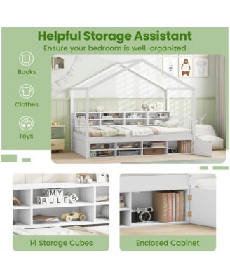 Twin Size House Bed Wooden Platform Bed Frame with Roof & 14 Storage Cubes