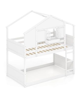 Twin Over Twin Bunk Bed for Kids with Roof Lockable Window Storage Box Wood Slats
