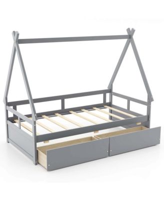 Twin Size House Bed with Roof Safety Guardrail 2 Storage Drawers Wood Slat Support