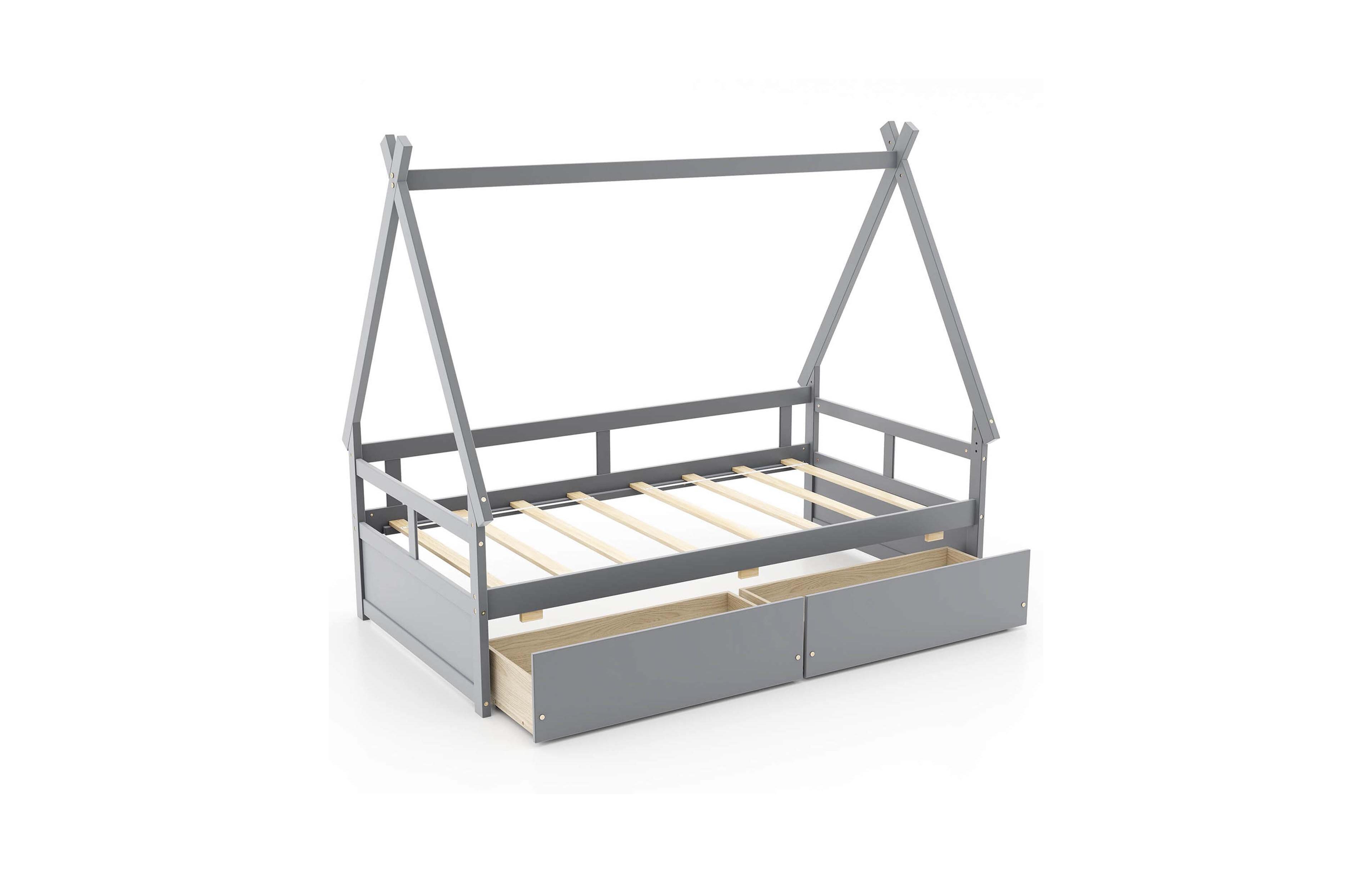 Costway Twin House Bed with Roof Safety Guardrail 2 Storage Drawers Wood Slat Support