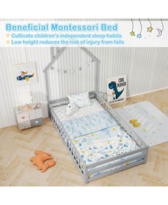 Twin Size Montessori Floor Bed for Toddler with Lockable Door Full-Length Guardrail