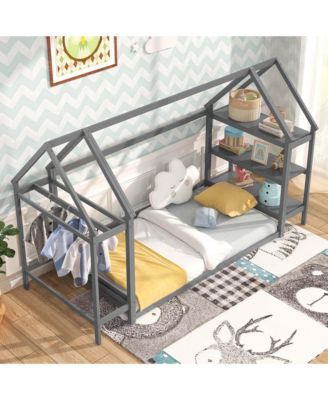Twin Size House Bed Montessori Floor Bed with Detachable Storage Shelves