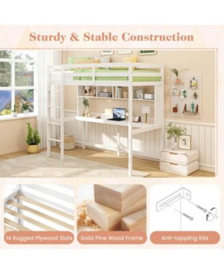 Twin Size Loft Bed with Desk & Shelves Safety Guardrails & Ladder Storage