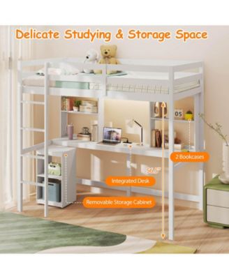 Twin Loft Bed with LED Light & Power Outlet Desk Storage Shelves & Cabinet