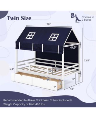 Twin House Bed Solid Wood Playhouse Bed Low Loft Bed with Tent 2 Storage Drawers