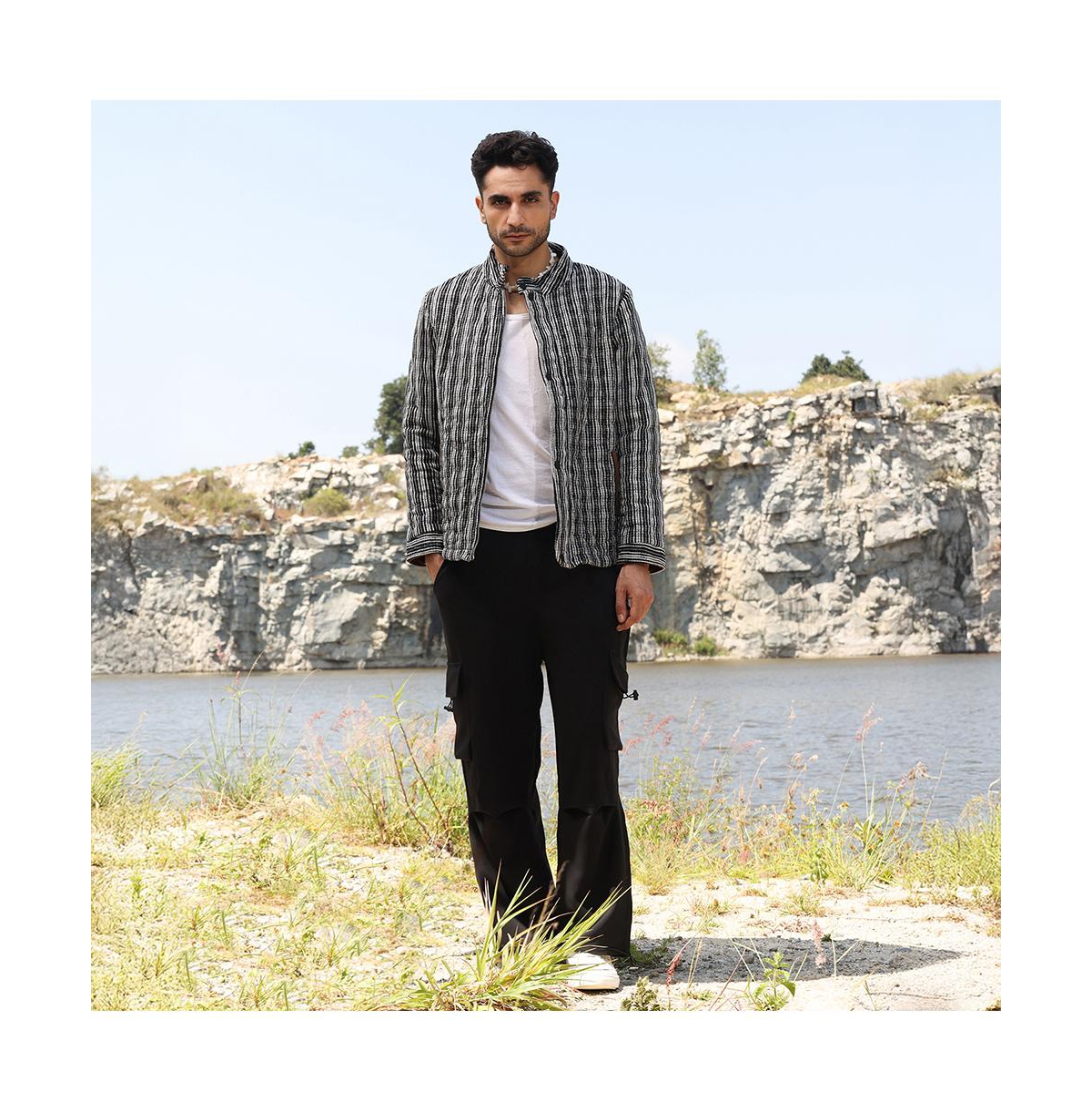 Campus Sutra Men's Midnight Black Woven-Striped Quilted Jacket