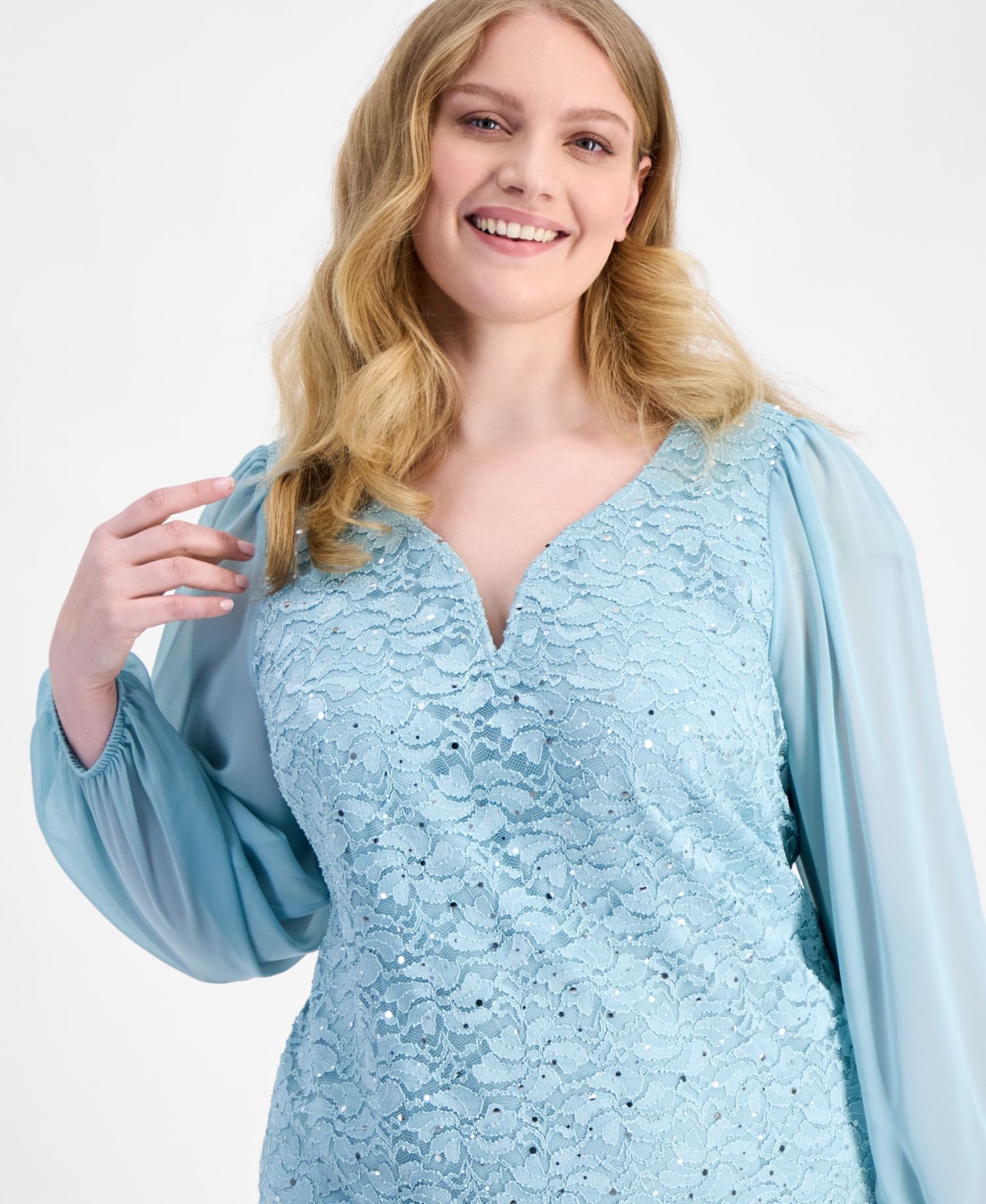 Petite Sequined Lace Blouson-Sleeve Dress