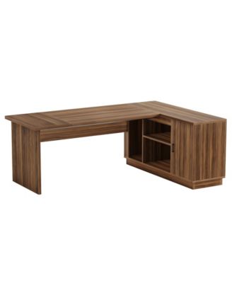 70.8-Inch Fluted Executive Desk with File Cabinet, L-Shaped Office Desk with Storage Shelves, Large Modern Computer Desk