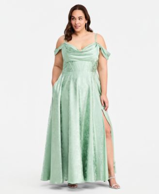 Trendy Plus Size Off-The-Shoulder Satin Jacquard Gown