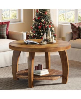 Solid Wood Round Coffee Table, 2-Tier Center Table with Storage, 31.5 Inch Wood Tabletop with Mosaic Pattern, Easy Assembly