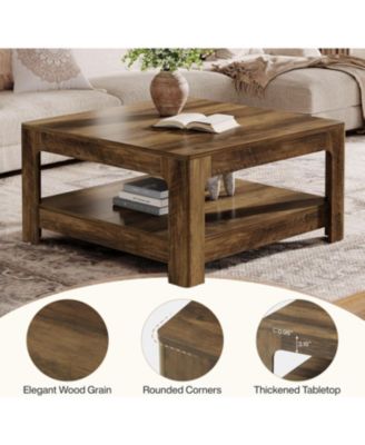 Square Coffee Table for Living Room, 39.4-Inch Large Farmhouse Wooden Center Tea Accent Table with 2-Tier Storage, Rustic Brown