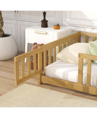 Twin Floor Bed with Fence & Door Natural Wood