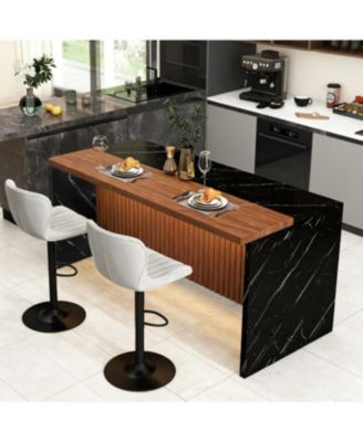 Modern Kitchen Island with Marble-Look Surface, LED Lights