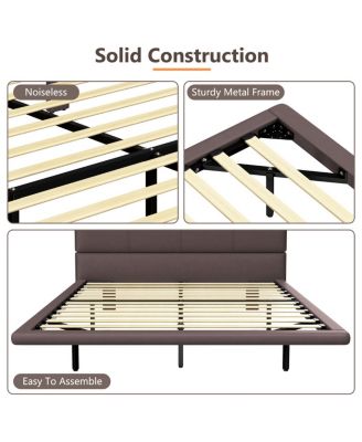 Floating Bed Frame w/LED, Modern PU Leather Platform Bed