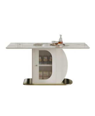 63" Modern Dining Table w/ Storage, Sintered Stone Top, Golden Wood Base