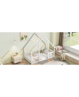 Twin Wood House-Shaped Floor Bed with Fence, Guardrails