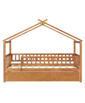 Wooden House Bed with Trundle