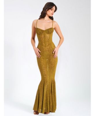 Women's Ulani Gold Burnout Velvet Detail Mesh Maxi Dress