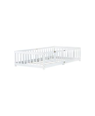 Twin Floor Bed with Fence & Door, White