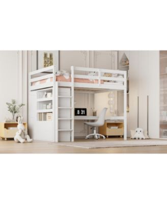 Wood Full Size Loft Bed with Built-in Wardrobe, Desk, Storage Shelves and Drawers