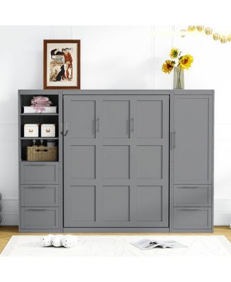 Queen Size Murphy Bed Wall Bed with Closet, Drawers and Shelves, Gray
