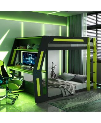 Full-Size Gaming Bunk Bed with RGB Desk, USB Ports, LED Strip & Cable Grommet