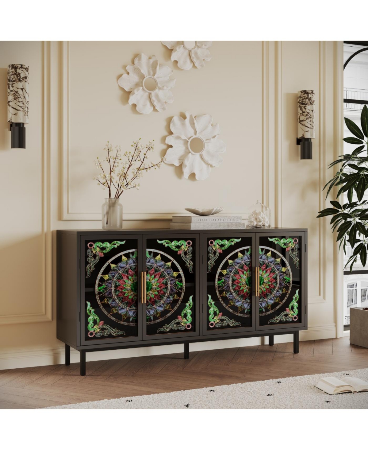 Streamdale Furniture Streamdale Decorative 4-door cabinet with painted glass and metal frame