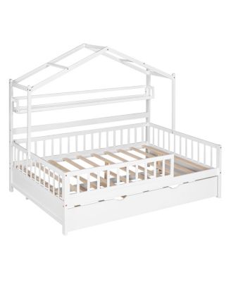 Wooden Full Size House Bed with Twin Size Trundle, Kids Bed with Shelf
