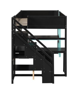 Full Size Wooden Gaming Loft Bed with Storage Stairs, Desk, Shelves & Pegboard, Black+Blue