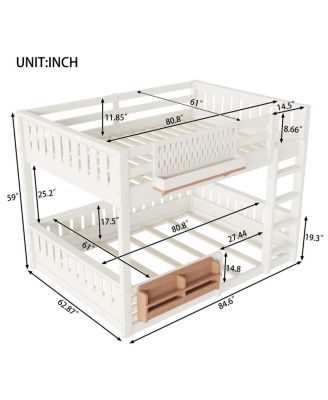 Queen Bunk Bed with Ladder, Guardrails, Pegboard & Bookshelf, Beige